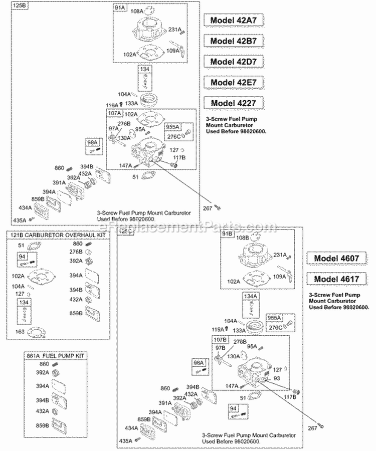 Carburetor 2 KitGasket Sets - Carburetor 2 KitGasket Sets - Fuel Pump 2 Diagram and Parts List for 462707-0100-E1  Briggs and Stratton Engine